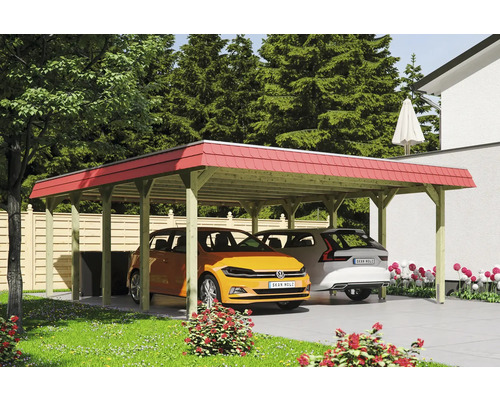 Přístřešek na auto dvojitý SKAN HOLZ Spreewald, červená fasádní deska včetně kotev pro sloupky, impregnovaná EPDM membrána, 585 x 741 cm Dvojitý dřevěný přístřešek pro auto se dvěma zaparkovanými auty a červenou střechou