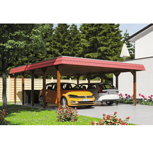 Dřevěný dvojitý carport se dvěma zaparkovanými auty