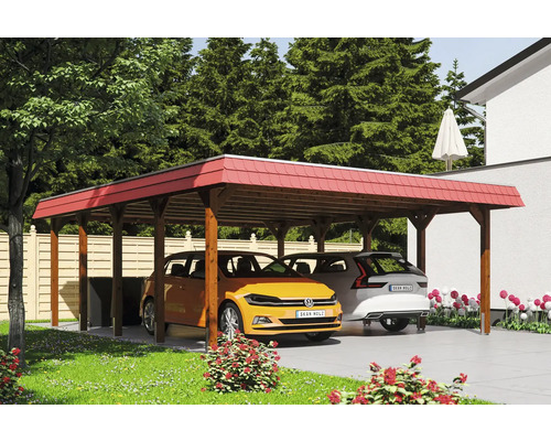 Přístřešek na auto dvojitý SKAN HOLZ Spreewald, červená fasádní deska, včetně kotev na sloupky, EPDM membrána, 585 x 741 cm, ořech Dřevěný dvojitý carport se dvěma zaparkovanými auty