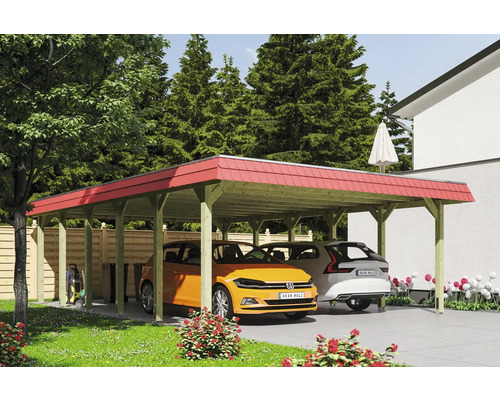 Přístřešek na auto dvojitý SKAN HOLZ Spreewald, červená čelní deska, včetně kotev pro sloupky, 585 x 893 cm, impregnovaný Přístřešek pro auto se dvěma auty a červenou střechou