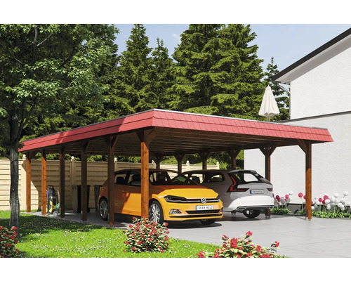 Přístřešek na auto dvojitý SKAN HOLZ Spreewald, červená čelní deska včetně kotev na sloupky, EPDM membrána, 585 x 893 cm, ořech Dvojitý dřevěný přístřešek pro auto se dvěma zaparkovanými auty na zahradě.