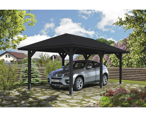 Přístřešek na auto SKAN HOLZ Taunus s kotvami pro sloupky, 374 x 656 cm antracit Auto pod dřevěným přístřeškem