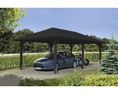 Přístřešek na auto SKAN HOLZ Taunus vč. kotev na sloupky, 439 x 786 cm antracit Dřevěný přístřešek pro auto s autem a čtyřkolkou