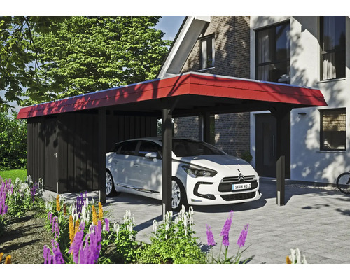 Přístřešek na auto SKAN HOLZ Wendland, červená čelní deska vč. kotev na sloupky, EPDM membrána, úložný prostor, 362 x 870 cm, antracit Přístřešek pro auto s úložným prostorem a zaparkovaným autem před domem
