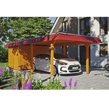Dřevěný přístřešek pro auto s kůlnou na nářadí a zaparkovaným autem