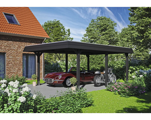 Přístřešek na auto SKAN HOLZ Wendland černý kryt vč. kotev, 409 x 628 cm, antracit Dřevěný přístřešek pro auto s autem a motorkou na zahradě