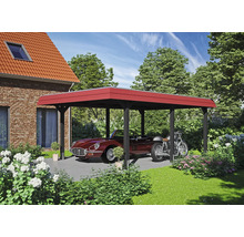 Dřevěný carport s autem a motocyklem