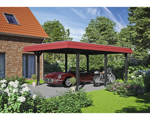 Dřevěný carport s autem a motocyklem