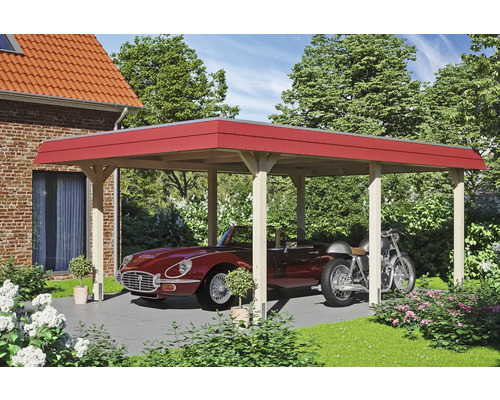 Přístřešek na auto SKAN HOLZ Wendland, červená fasádní deska, vč. kotev na sloupky, EPDM membrána 409 x 628 cm přírodní Dřevěný přístřešek pro auto s automobilem a motocyklem