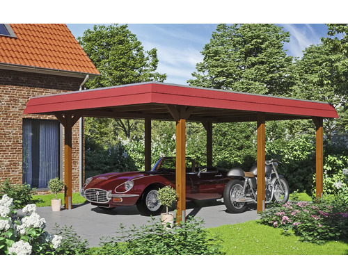 Dřevěný přístřešek pro auto s automobilem a motocyklem