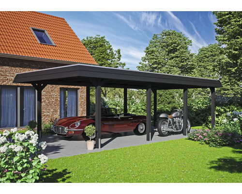 Dřevěný přístřešek pro auto s automobilem a motocyklem