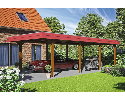 Přístřešek na auto SKAN HOLZ Wendland, červená čelní deska vč. kotev na sloupky, EPDM membrána, 409 x 870 cm, ořech Přístřešek pro auto s červenou střechou, pod kterým je auto a motocykl