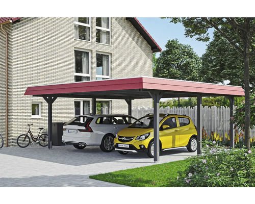 Dvojitý přístřešek pro auto se dvěma auty před domem
