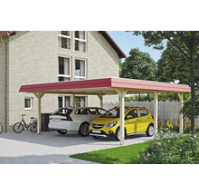 Dvojitý dřevěný carport se dvěma zaparkovanými auty