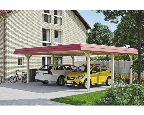 Dvojitý dřevěný carport se dvěma zaparkovanými auty
