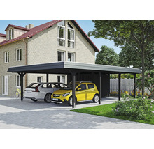 Přístřešek pro auto se dvěma zaparkovanými auty před domem.