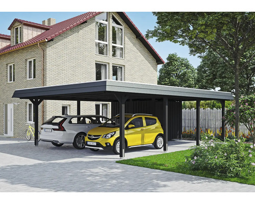 Přístřešek na auto dvojitý SKAN HOLZ Wendland, černá čelní deska, včetně kotev na sloupky, úložný prostor, 630 x 879 cm, antracit Přístřešek pro auto se dvěma zaparkovanými auty před domem.