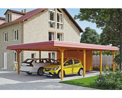 Přístřešek na auto dvojitý SKAN HOLZ Wendland, červená čelní deska, včetně kotev na sloupky, úložný prostor 630 x 879 cm, světlý dub Dřevěný dvojitý carport se dvěma zaparkovanými auty před domem