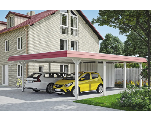 Přístřešek pro auto se dvěma auty před domem
