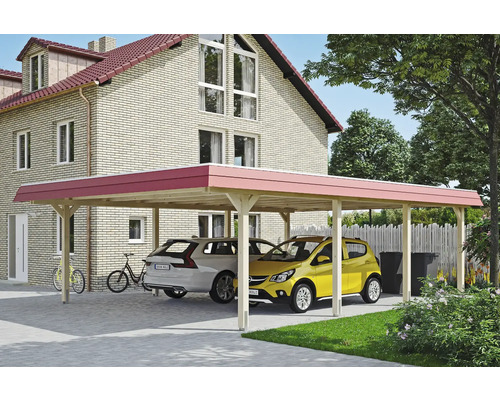 Přístřešek na auto dvojitý SKAN HOLZ Wendland, červená fasádní deska, včetně kotev na sloupky, EPDM membrána, 630 x 879 cm, přírodní Dřevěný přístřešek pro auto se dvěma zaparkovanými auty před domem