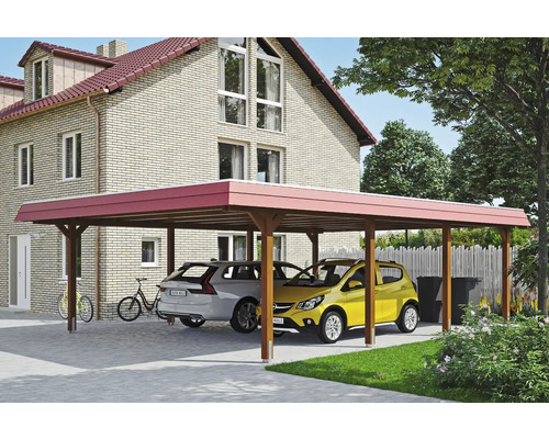 Přístřešek na auto dvojitý SKAN HOLZ Wendland dvojitý přístřešek, červená fasádní deska včetně kotev na sloupky, EPDM membrána, 630 x 879 cm, ořech Dřevěný dvojitý carport se dvěma parkujícími auty před domem