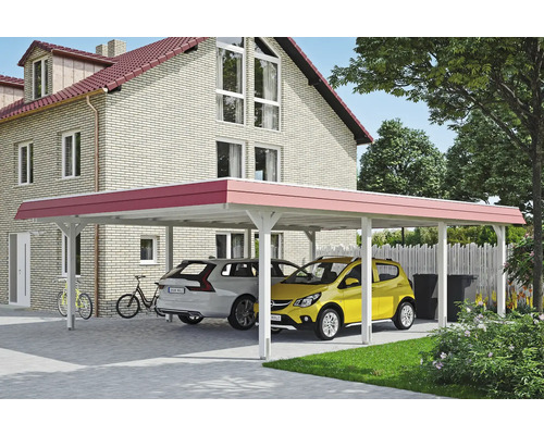 Přístřešek na auto dvojitý SKAN HOLZ Wendland s červeným obložením, včetně úchytů pro sloupky, EPDM membrána, 630 x 879 cm, bílá Dřevěný dvojitý carport se dvěma parkujícími auty před domem