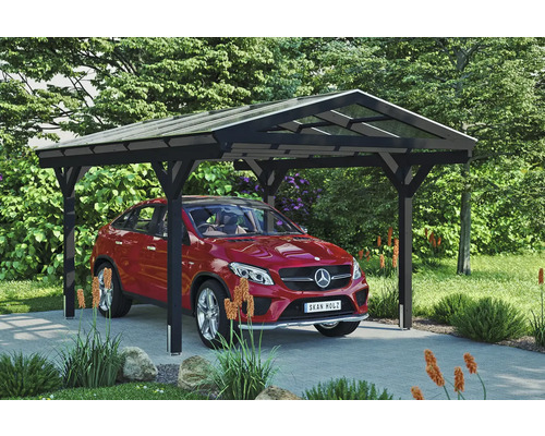 Přístřešek na auto SKAN HOLZ Westerwald vč. kotev, 362 x 541 cm antracit Přístřešek pro auto s červeným autem v zahradě