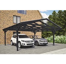 Dvojitý dřevěný carport se dvěma zaparkovanými auty