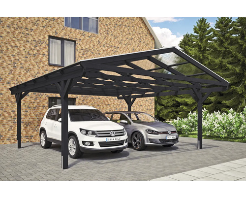 Dvojitý dřevěný carport se dvěma zaparkovanými auty