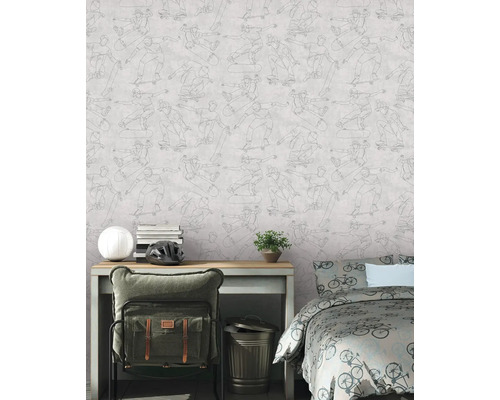 Scéna s pokojem pro mládež s tapetou se skateboardem, stolem a ložním prádlem se vzorem jízdního kola