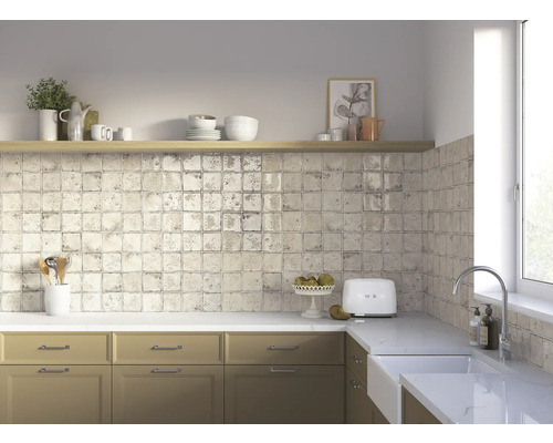 Kuchyňská scéna s kuchyňskými skříňkami, umyvadlem, dlaždicemi a dekoracemi na polici