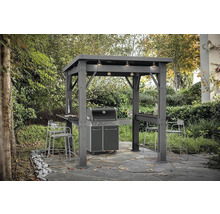 Grilovací místo s grilem, přístřeškem a barovými stoličkami v zahradě