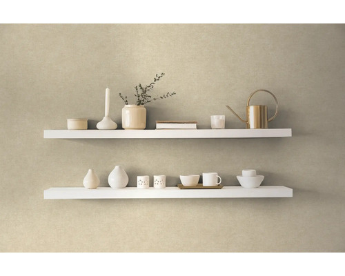 Dvě bílé police s dekorativními předměty na zdi