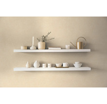 Dvě bílé nástěnné police s dekorativními předměty