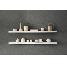 Dvě bílé nástěnné police s dekorativními předměty na tmavé stěně