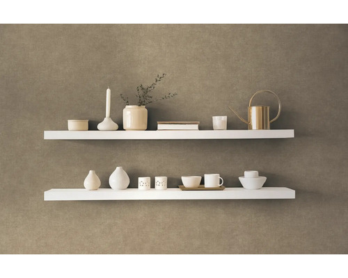 Dvě bílé police s dekorativními předměty na zdi