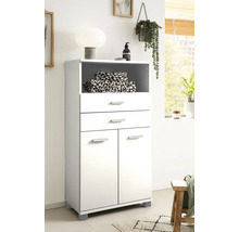 Bílá koupelnová skříňka s policí, zásuvkami a dvířky