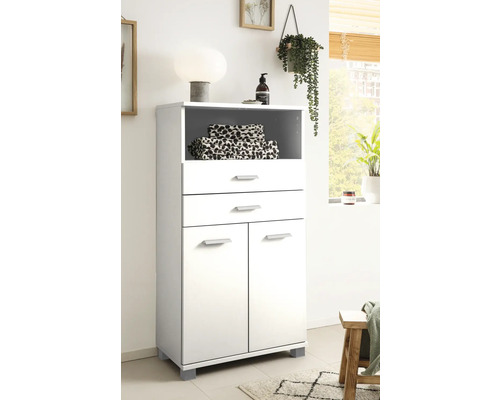 Bílá koupelnová skříňka s policí, zásuvkami a dvířky