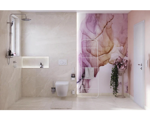 Dlažba imitace kamene NARVIK white 60x120 cm Moderní koupelna se sprchou, toaletou, držákem na ručníky a dekorací na zeď