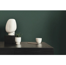 Dekorativní scéna se skulpturou, rostlinou, šálkem a tužkou na tmavém stole před zelenou stěnou