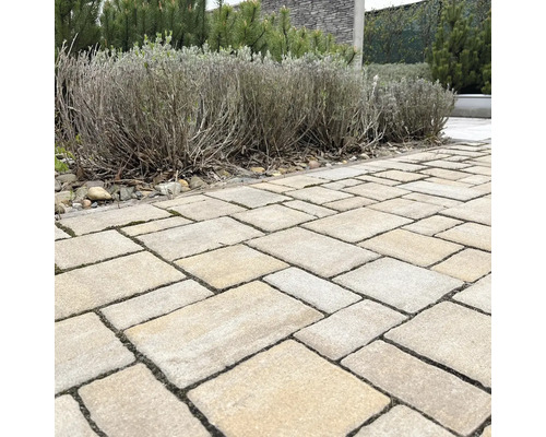 Dlážděná zahradní cesta s obdélníkovými dlažebními kostkami.