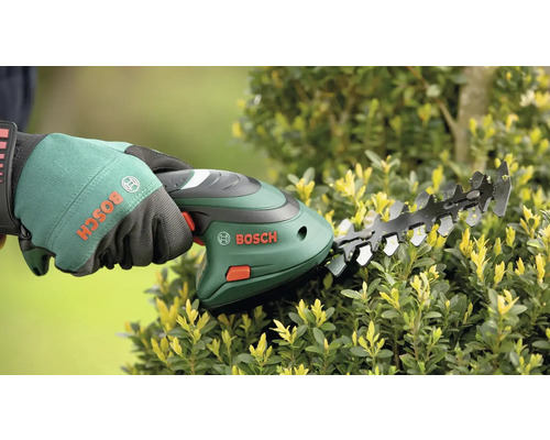 Akumulátorové nůžky používané při stříhání živého plotu. Logo Bosch na zařízení a rukavici.
