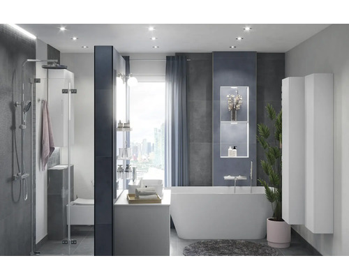 Moderní koupelna se sprchou, vanou, umyvadlem a úložným prostorem