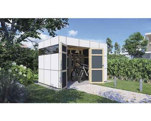 Moderní zahradní domek s otevřenými dveřmi, jízdními koly a regály uvnitř.