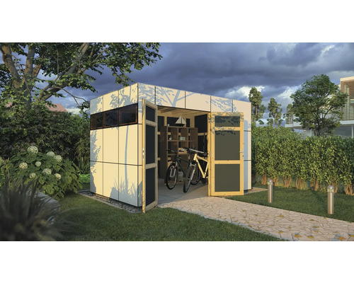 Zahradní scéna s otevřenou kůlnou na nářadí, jízdními koly a regálem