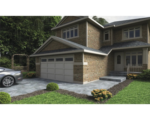 Obrázek dvoupodlažního domu s garáží, kamenným schodištěm a dlážděnou příjezdovou cestou.