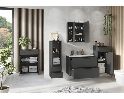 Koupelnový set s umyvadlem, zrcadlovou skříňkou, vysokou skříní a spodní skříňkou v moderním designu