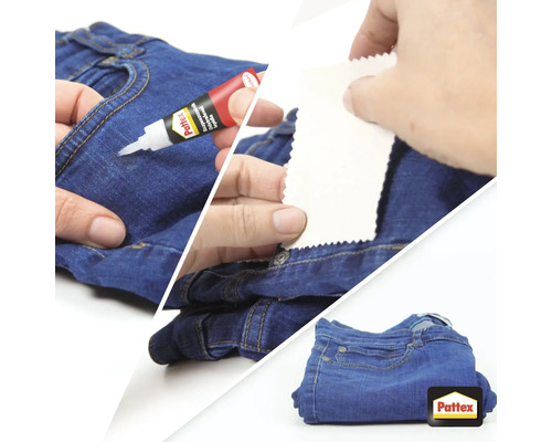 Nažehlovačka se připevňuje na džíny pomocí lepidla na textil Pattex.