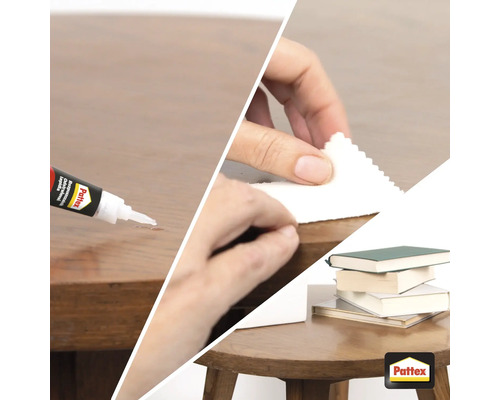 Aplikace lepidla Pattex Repair Express na dřevěný stůl pro opravu poškození