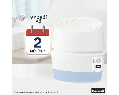 Odvlhčovač vzduchu Ceresit v koupelně s upozorněním, že vydrží až dva měsíce
